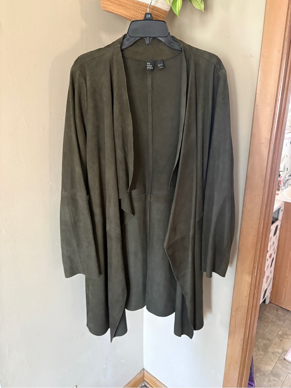 Eileen Fisher Olive Green Suede Draped Open-Front Trench